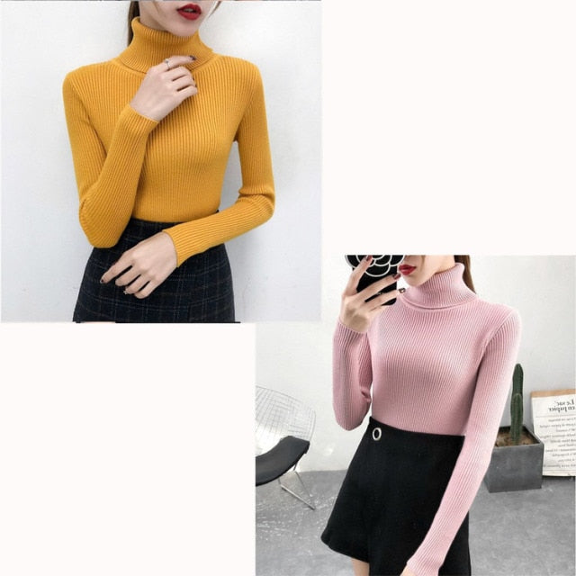 Bonjean Autumn Winter Knitted Jumper Tops turtleneck Pullovers Casual Sweaters Women Shirt Long Sleeve Tight Sweater Girls