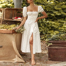 NewAsia Floral Print Dress Sweet Square Neck Puff Sleeve Side Spilt Drawstring Maxi Dresses for Women Party Chic Casual Outfits