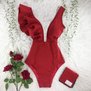 2021 New Sexy Ruffle Print Floral One Piece Swimsuit Off The Shoulder Swimwear Women Solid Deep-V Beachwear Bathing Suit Monkini