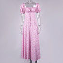 Vestido de verano para mujer, manga corta abullonada, estampado floral, fruncido, fiesta, abertura alta, largo, Maxi Vestidos con cordón, Sexy, vestido de verano