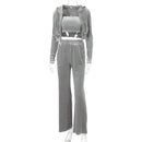 Dulzura Velvet Women 3 Piece Set Hoodie Sweatshirt Zipper Tube Crop Top High Waist Wide Leg Pants Tracksuit Sporty Casual Outfit
