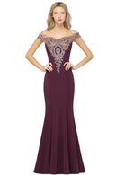 In Stock Mermaid Satin Wedding Party Dress Burgundy Long Lace Open Back Gold Lace Prom Gown Fashion Clothing Vestido de Festa