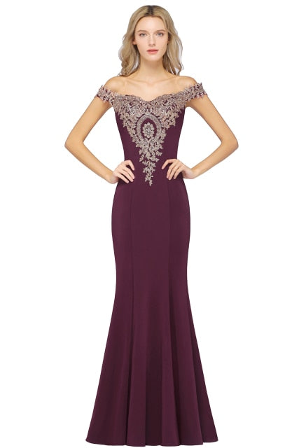 In Stock Mermaid Satin Wedding Party Dress Burgundy Long Lace Open Back Gold Lace Prom Gown Fashion Clothing Vestido de Festa