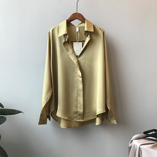 2021 Sommerhemd Mode Langarm Satin Damenhemd Vintage Straße Seidenhemden Elegante Nachahmung Blusen und Hemden 5273