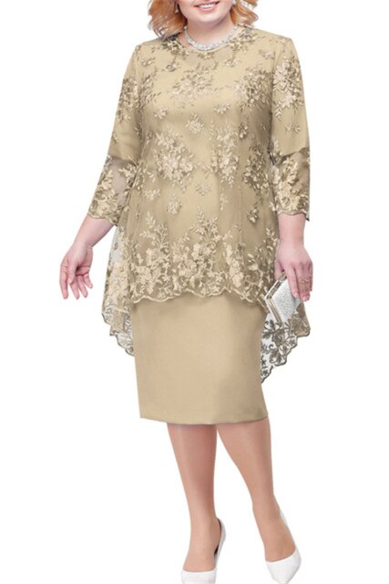 HOT SALE Plus Size Lace Mother Of The Bride Dress Suit 2021 Tea Length Wedding Party Gown Half Sleeves robe de soirée de mariage