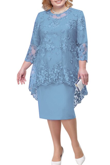 HOT SALE Plus Size Lace Mother Of The Bride Dress Suit 2021 Tea Length Wedding Party Gown Half Sleeves robe de soirée de mariage