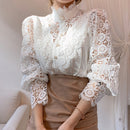 Petal Sleeve Stand Collar Hollow Out Flower Lace Patchwork Shirt Femme Blusas All-match Women Blouse Chic Button White Top 12419