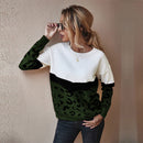 Mode Leopard Patchwork Herbst Winter 2021 Damen Strickpullover Frauen Oansatz Volle Hülse Pullover Pullover Top Khaki Braun