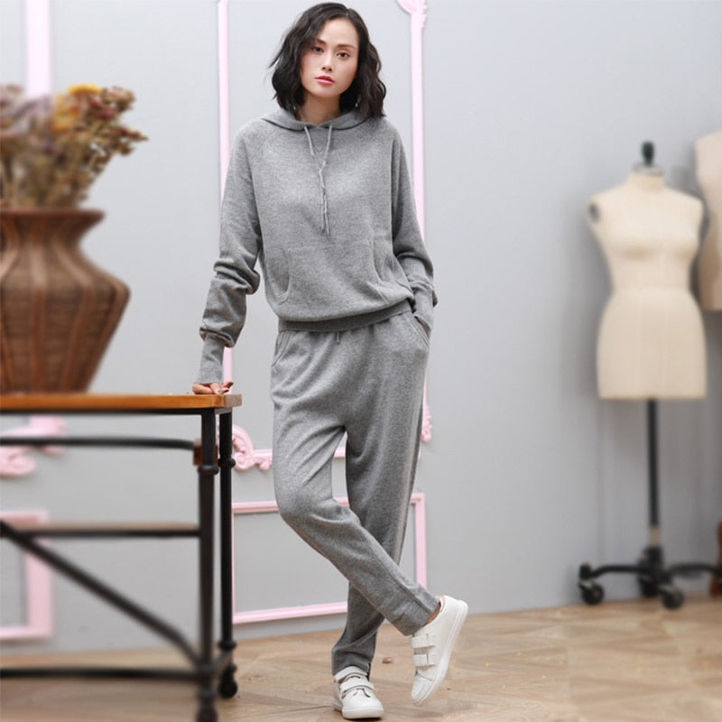 autumn winter warm 100% cashmere tracksuit women fashion hooded sweater ladies chci sweatpants with pocket