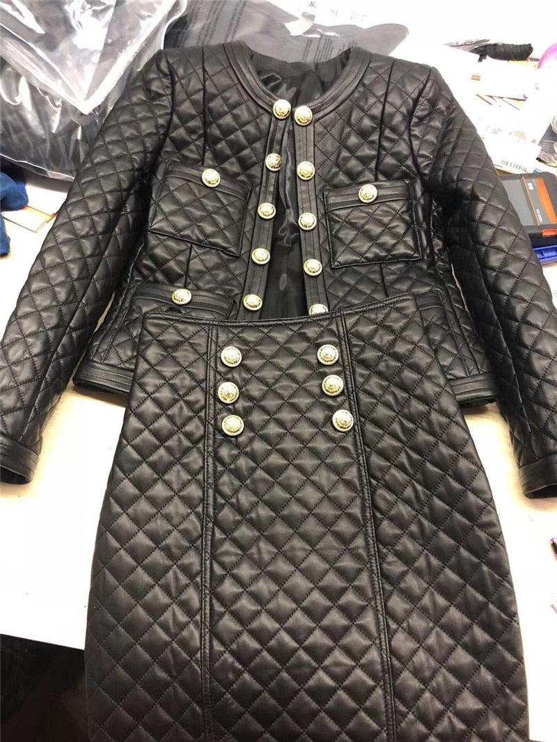 Conjunto de 2 piezas, chaqueta corta de piel auténtica con doble botonadura para mujer, falda lápiz Midi de cintura alta, trajes de mujer, conjuntos de oficina