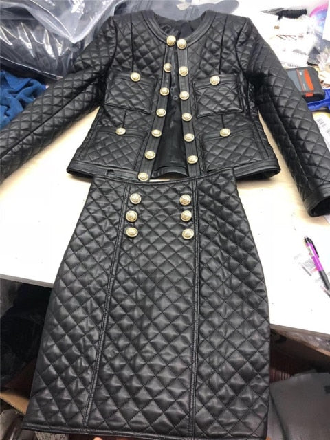 Conjunto de 2 piezas, chaqueta corta de piel auténtica con doble botonadura para mujer, falda lápiz Midi de cintura alta, trajes de mujer, conjuntos de oficina