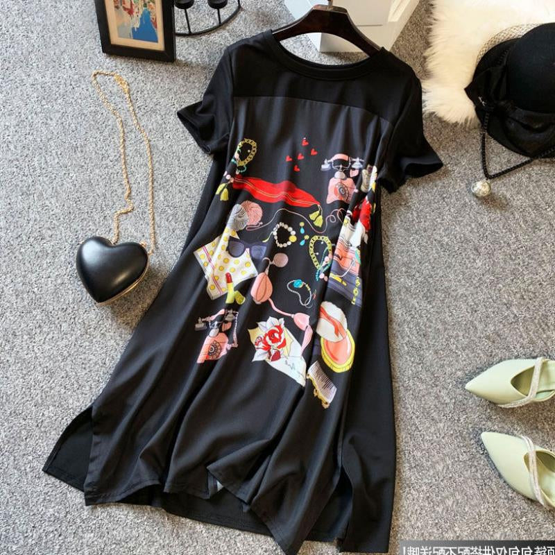 Sommerkleid Frauen Neue Große Größe Abnehmen Lose Mode Bauchbedeckende Länge Schwarz Gespleißt Drucken Vintage Übergroßes Kleid