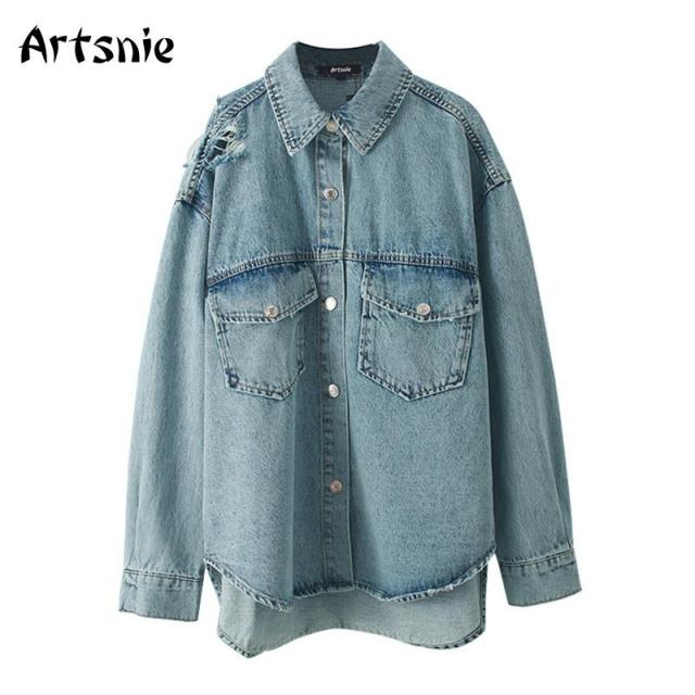 Artsnie Frühling 2021 Vintage Denim Mantel Damen Umlegekragen Langarm Loch Streetwear Jeans Übergroße Mäntel Jacken Femme