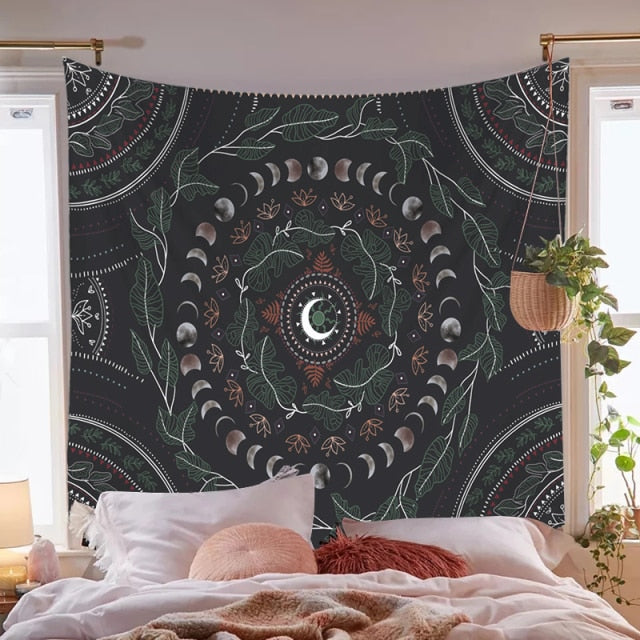Tapiz de fase lunar para colgar en la pared, tapiz de pared floral celeste botánico, alfombras de pared de flores Hippie, decoración de dormitorio, alfombra de cielo estrellado