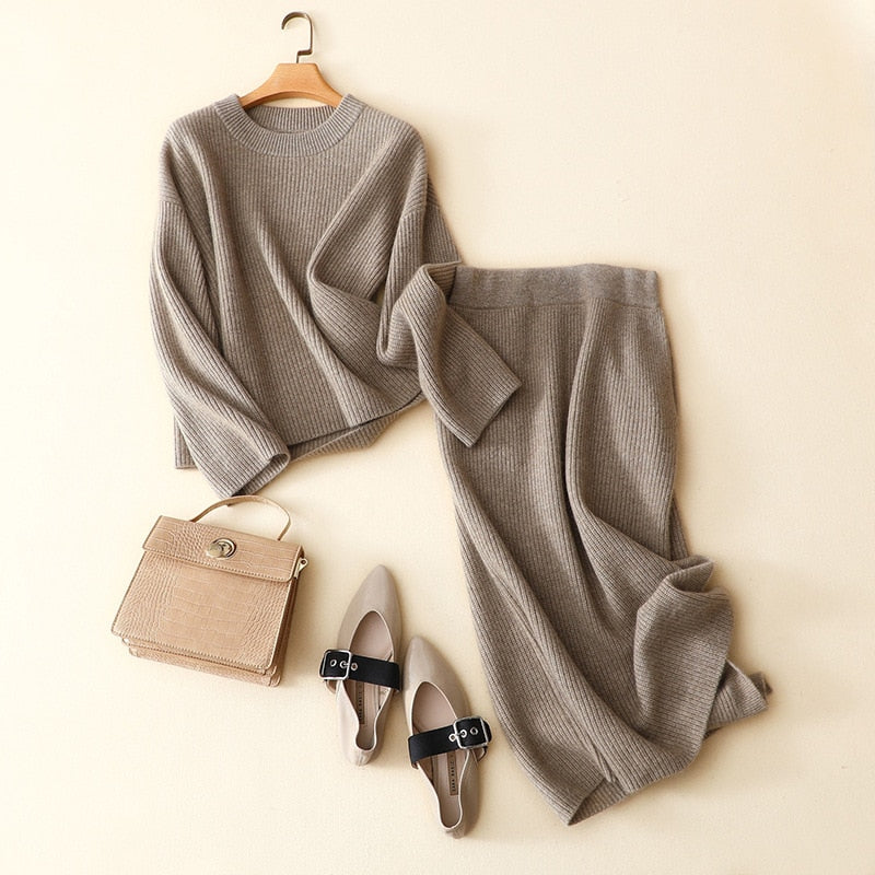 high-end chic women's winter thick 100% cashmere sets crew neck tops plus skirt with pocket