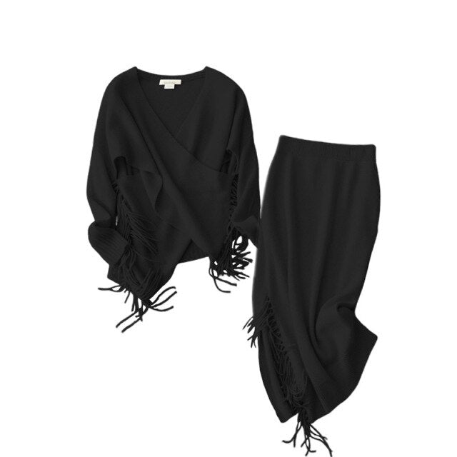 Europa moda Otoño Invierno nuevo 2021 100% Cachemira cuello pico suéteres más falda con borlas