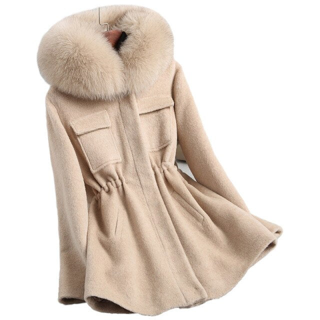 Abrigo de lana para mujer, forro de conejo Rex Real, abrigos de lana de Alpaca 2020, chaqueta de invierno con capucha de piel de zorro Natural 18141 WYQ2020