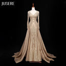 Golden luxioury beaded evening dress wih seperate train long sleeves fitted dress prom gown part dress