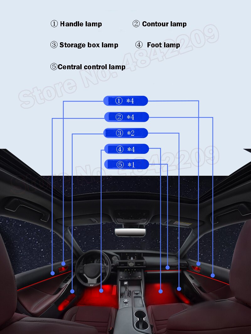 Set mit 64 Farben für Lexus IS 2013–2017. Dedizierter Knopf. Steuerung. Dekoratives Umgebungslicht. LED-Streifen