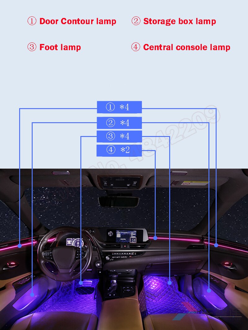 64 Farben Set für Lexus ES 2018-2020 Original Car Button Control Dekoratives Umgebungslicht LED Atmosphärenlampe beleuchteter Streifen
