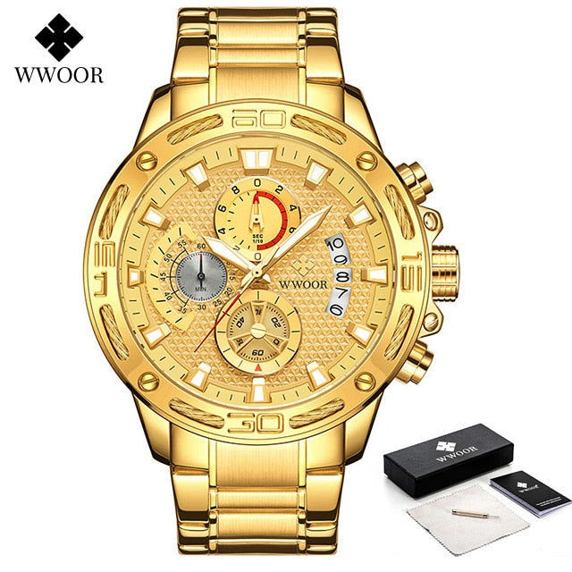 WWOOR 2021, nuevos relojes para hombre, marca superior, reloj de cuarzo de acero inoxidable dorado de lujo para hombre, cronógrafo deportivo resistente al agua, reloj Masculino