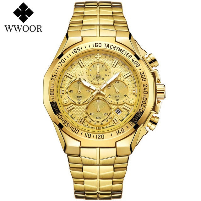 WWOOR 2021, nuevos relojes para hombre, marca superior, reloj de cuarzo de acero inoxidable dorado de lujo para hombre, cronógrafo deportivo resistente al agua, reloj Masculino