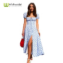 Vestido de verano de mujer con abertura alta de fiesta fruncida con estampado floral de manga corta abullonada Vestidos largos Maxi con cordón Sexy Vestidos de verano