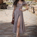 Vestido de verano de mujer con abertura alta de fiesta fruncida con estampado floral de manga corta abullonada Vestidos largos Maxi con cordón Sexy Vestidos de verano