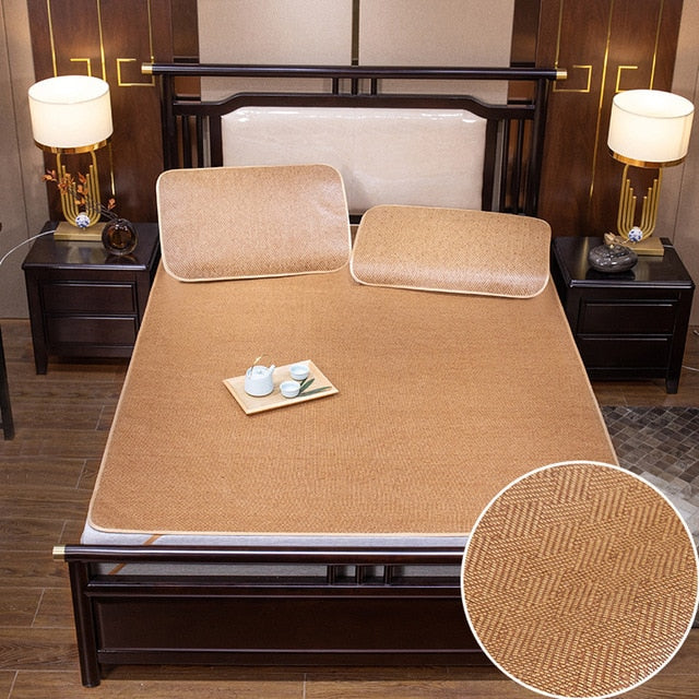 Smooth Rattan Bed Mat Breathable Sleeping Mat with Elastic Straps Pillowcase Non-slip Summer Cool Bed Protection Pad