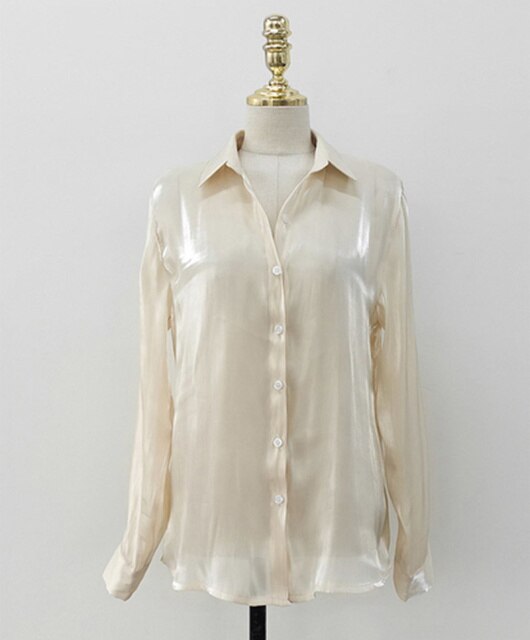 Vintage Blouse Women Autumn Fashion Button Up Satin Silk Shirt White Lady Long Sleeves Female Korean Loose Street Shirts 11971