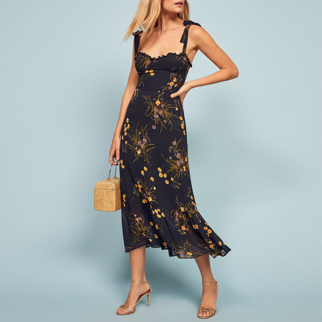 Kleider für Frauen 2021 Elegantes Vintage-Blumenkleid mit Rüschen, herzförmigem Ausschnitt, ärmellosem Träger, Krawatte, Rüschensaum, Sommer-Strandkleid