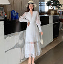JSXDHK Fashion Runway Women Pleated Party Dress Spring Sexy V Neck Lantern Sleeve Chiffon Patchwork Lace Bodycon Slim Long Dress