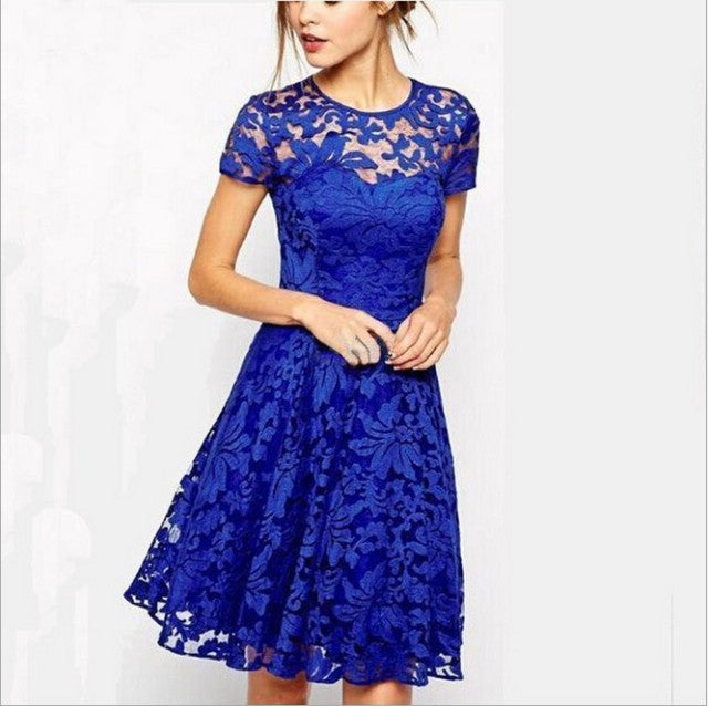 5XL Plus Size Kleid Mode Frauen Elegant Sweet Hallow Out Spitzenkleid Sexy Party Prinzessin Slim Sommerkleider Vestidos Rot Blau