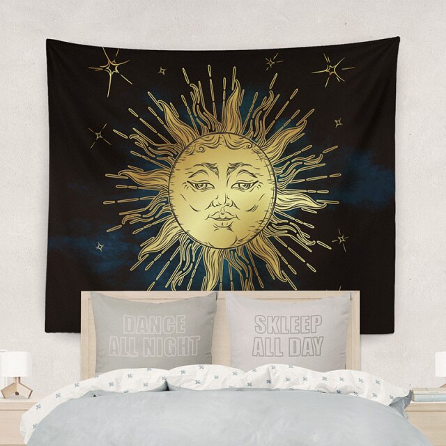 Sun Moon Mandala Tapiz Misteriosa Meditación Celestial Runas Psicodélicas Arte Tapices para colgar en la pared para la decoración de la sala de estar