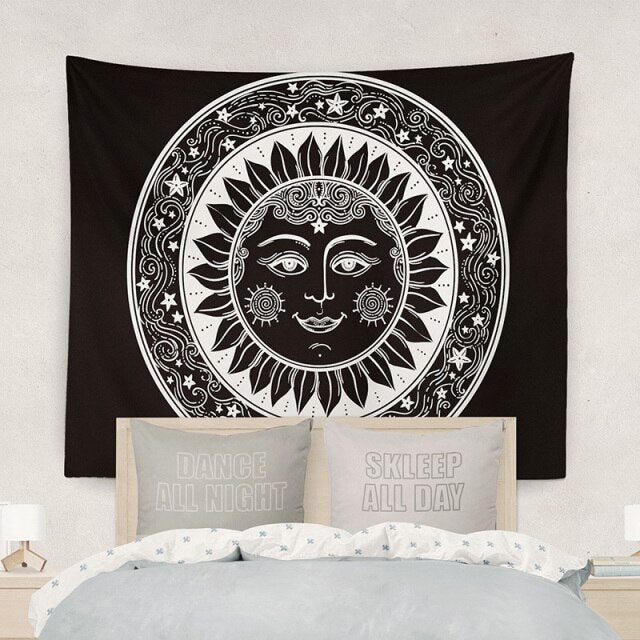 Sonne-Mond-Mandala-Wandteppich, geheimnisvolle himmlische Meditation, psychedelische Runen, Kunst, Wandbehang, Wandteppiche für Wohnzimmerdekoration