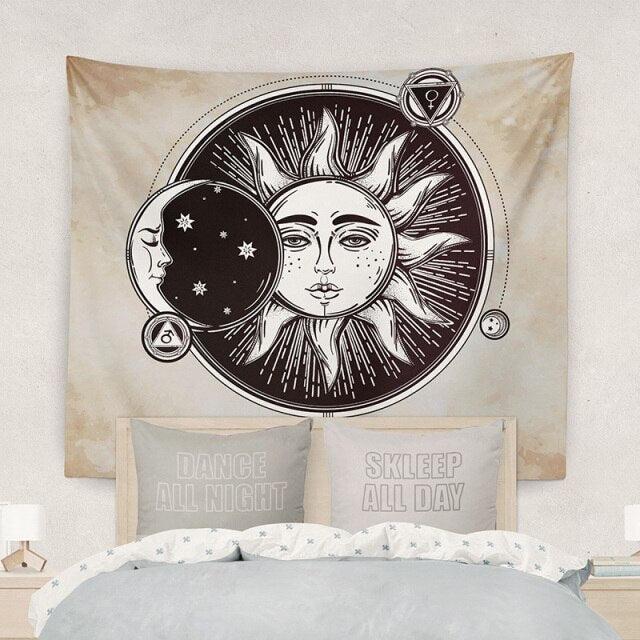 Sun Moon Mandala Tapiz Misteriosa Meditación Celestial Runas Psicodélicas Arte Tapices para colgar en la pared para la decoración de la sala de estar