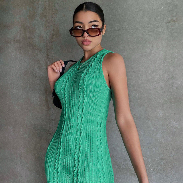 New Summer Solid Color Knitted Sleeveless Round Neck Dress Women Outfits Streetwear Clubwear Casual Urban Bodycon Tank Dresses