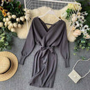 YuooMuoo Autumn Winter Women Knitted Sweater Dress 2021 New Korean Long Batwing Sleeve V Neck Elegant Dress Ladies Bandage Dress