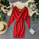 YuooMuoo Autumn Winter Women Knitted Sweater Dress 2021 New Korean Long Batwing Sleeve V Neck Elegant Dress Ladies Bandage Dress