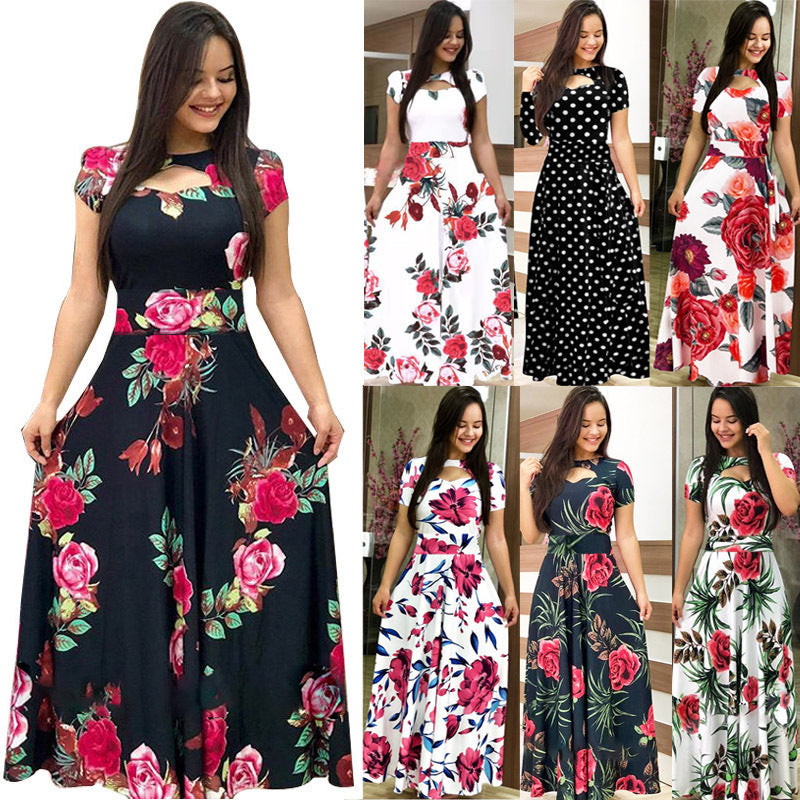 Frauen Kurzarm Aushöhlen O-Ausschnitt Langes Kleid Sommer Elegantes Blumenmuster Hohe Taille Elastische Elegante Boho Robe Maxi Vestidos