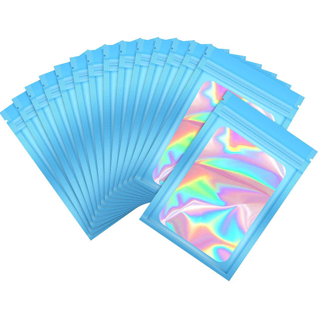 100 bolsas de Mylar a prueba de olores, bolsas resellables a prueba de olores, bolsa de embalaje holográfica con ventana transparente para alimentos