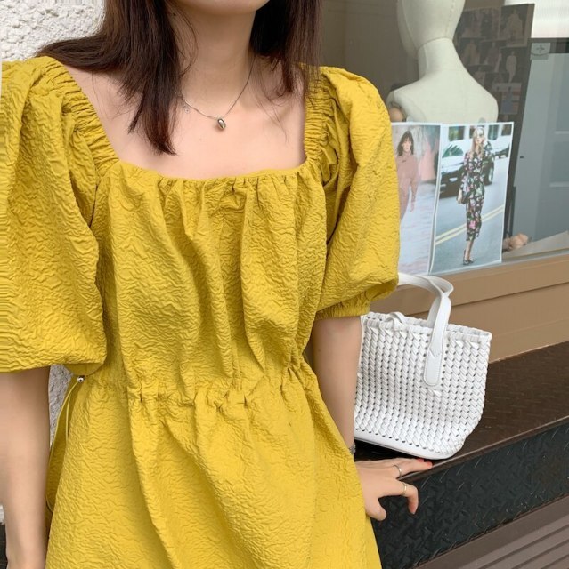 CMAZ 2021 Summer Casual Square Collar Puff Sleeve Mini Sweet Dress Woman Solid Color High Waist Loose Preppy Style Dresses 5942#
