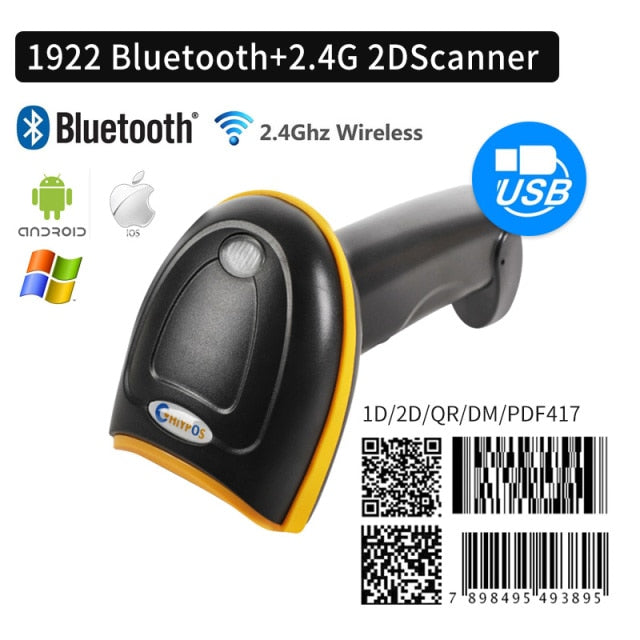 Lector de escáner de código de barras de código de barras Handhel de supermercado 1D y 2D QR PDF417 Bluetooth 2,4G inalámbrico y plataforma USB con cable