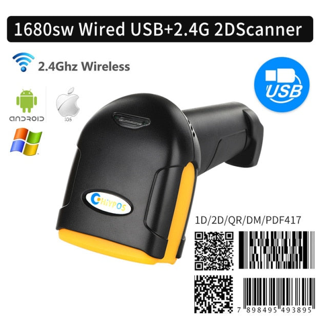 Lector de escáner de código de barras de código de barras Handhel de supermercado 1D y 2D QR PDF417 Bluetooth 2,4G inalámbrico y plataforma USB con cable