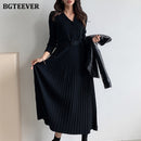 BGTEEVER elegante cuello en V de una sola botonadura mujeres suéter grueso vestido 2021 Otoño Invierno de punto con cinturón femenino A-line vestidos suaves