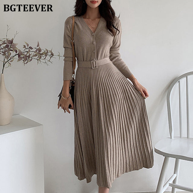 BGTEEVER elegante cuello en V de una sola botonadura mujeres suéter grueso vestido 2021 Otoño Invierno de punto con cinturón femenino A-line vestidos suaves