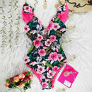 2021 New Sexy Ruffle Print Floral One Piece Swimsuit Off The Shoulder Swimwear Women Solid Deep-V Beachwear Bathing Suit Monkini