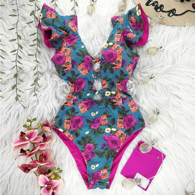 2021 New Sexy Ruffle Print Floral One Piece Badeanzug weg von der Schulter-Badebekleidung Frauen Solid Deep-V Beachwear Badeanzug Monkini