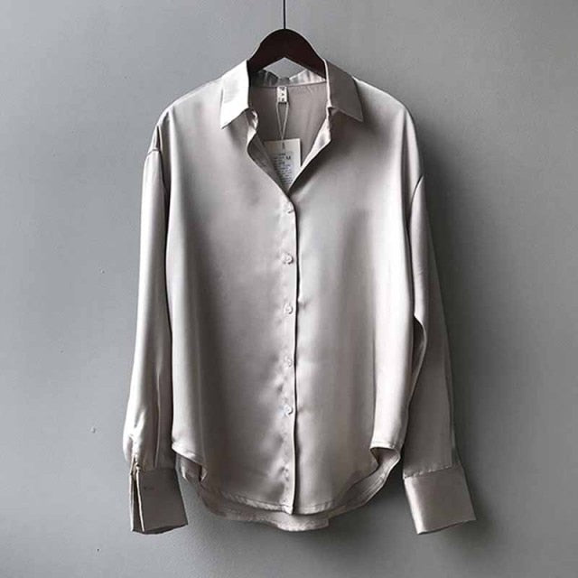 Frauen Vintage Mode Button Up Satin Hemd Seide Koreanische Büro Damen Elegante Hemdbluse Weiße Langarmshirts Tops 11355