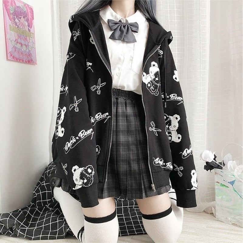 Gothic Mantel Sweatshirt Damen Mode Frühling 2021 Kleidung Ins Preppy Kawaii Hoodies Langarm Reißverschluss Hoodie Japanische Süße Tops